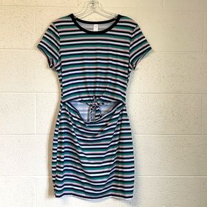 No Boundaries Bare Midriff Front Tie Stripe Dress